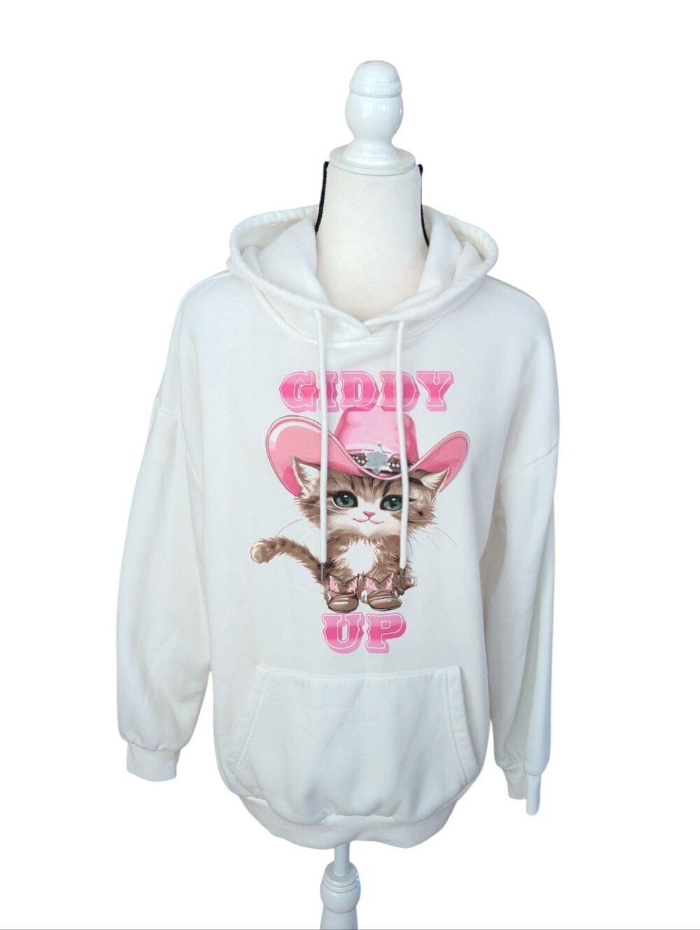No Boundaries Oversized Cowgirl Cat "Giddy Up" Graphic Hoodie MEDIUM White Pink